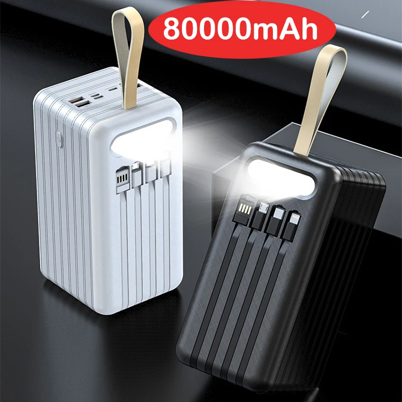 

80000mAh Power Bank Built in 4 Cables Portable Charger LED Display Four USB Powerbank External Battery Pack Power Bank Poverbank