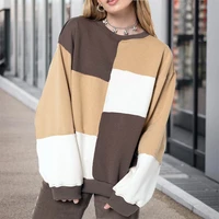 plaid block pullover casual fashion o neck elegant sweatshirt 2021 autumn patchwork streetwear women long sleeve loose pullovers