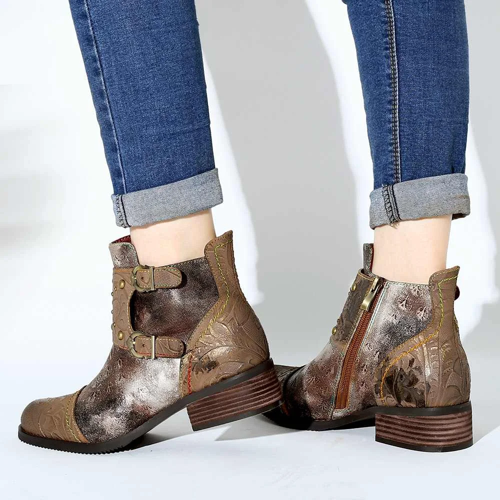 SOCOFY/ботинки с тиснением; Zapatos De Mujer; обувь из натуральной кожи с заклепками и пряжкой на молнии; красивые женские ботильоны