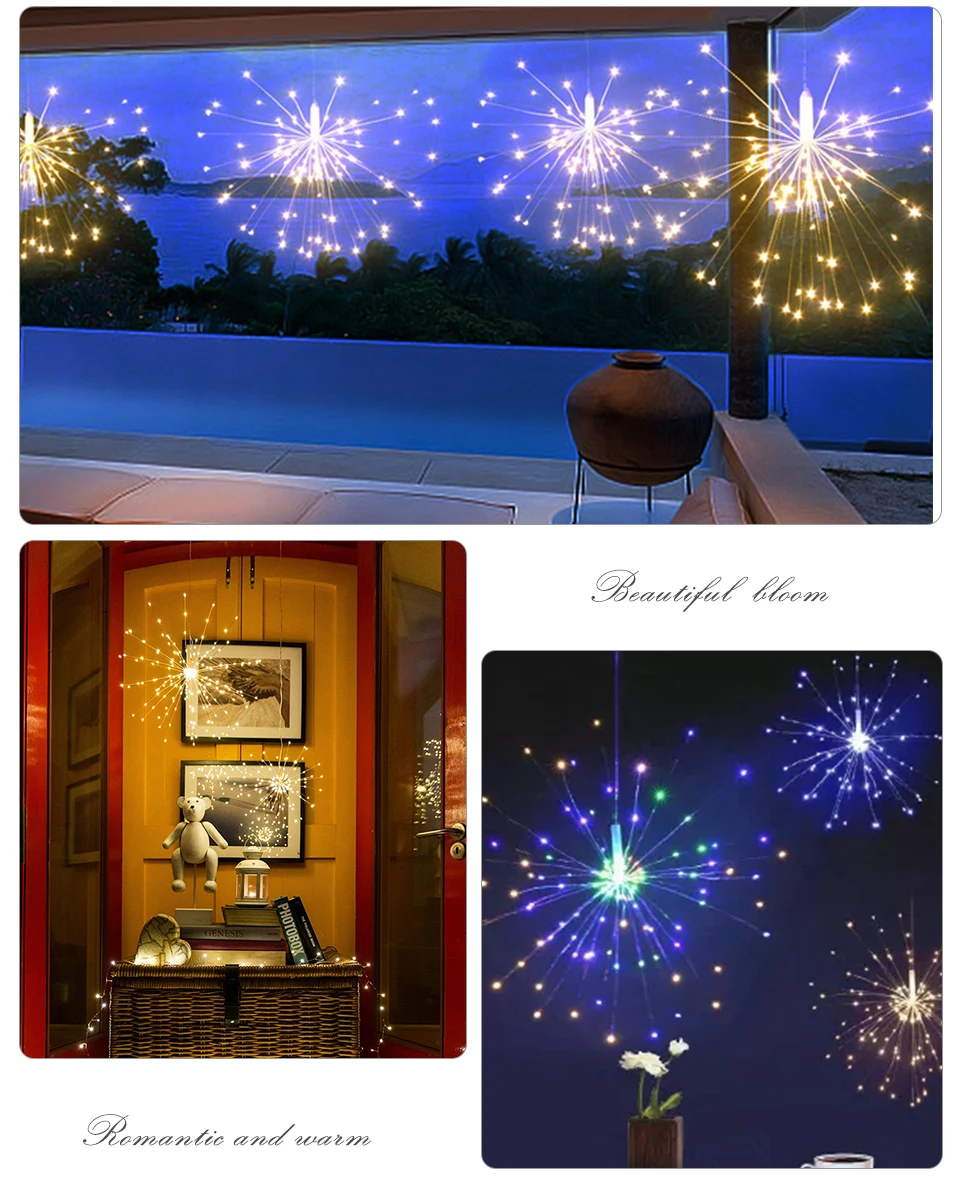 DIY 100/150/180 светодиодный фейерверк взрыв звезды рождественские китайские фонарики с дистанционным управлением 8 режимов подвесной Starburst светодиодный гирлянда