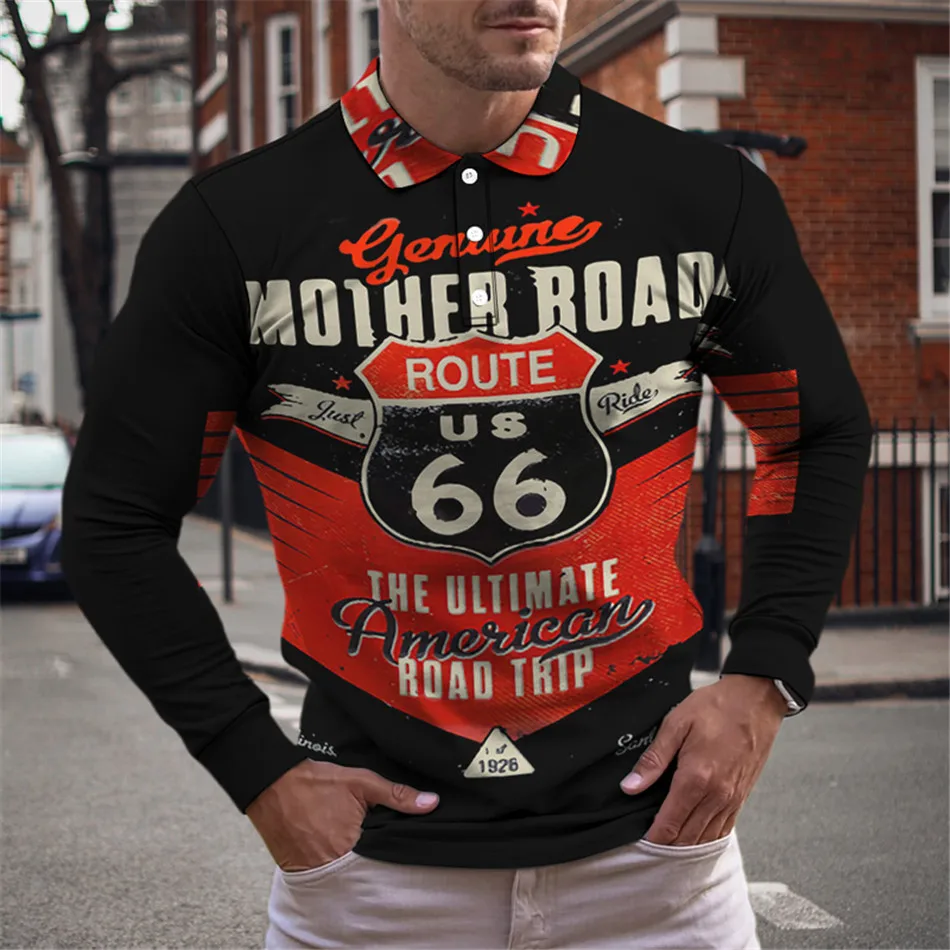 

Route US 66 Road Signs Vintage Print Mens Turn Down Collar Polos Shirt Homme Fashion Long Sleeve Tops Clothes Male Casual Shirts