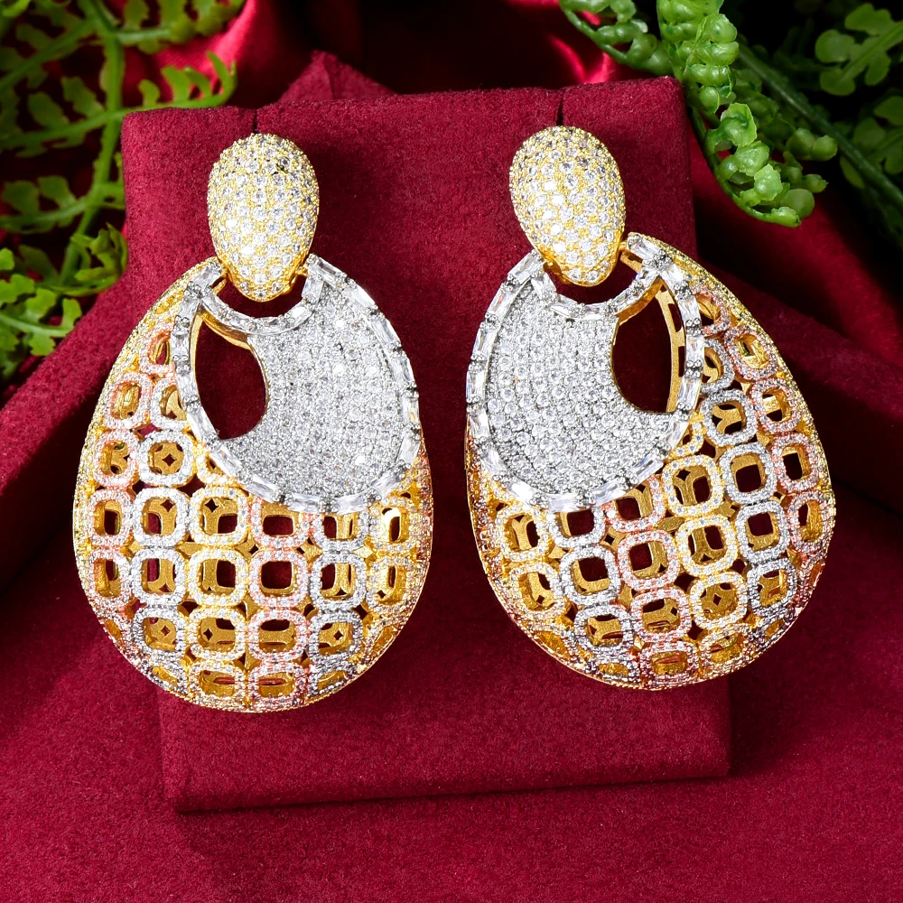 

missvikki Fashion 3 Tone Cubic Zircon BIG Earrings Trendy Charms DUBAI Round Hoop Statement Earring for Women Wedding Jewelry