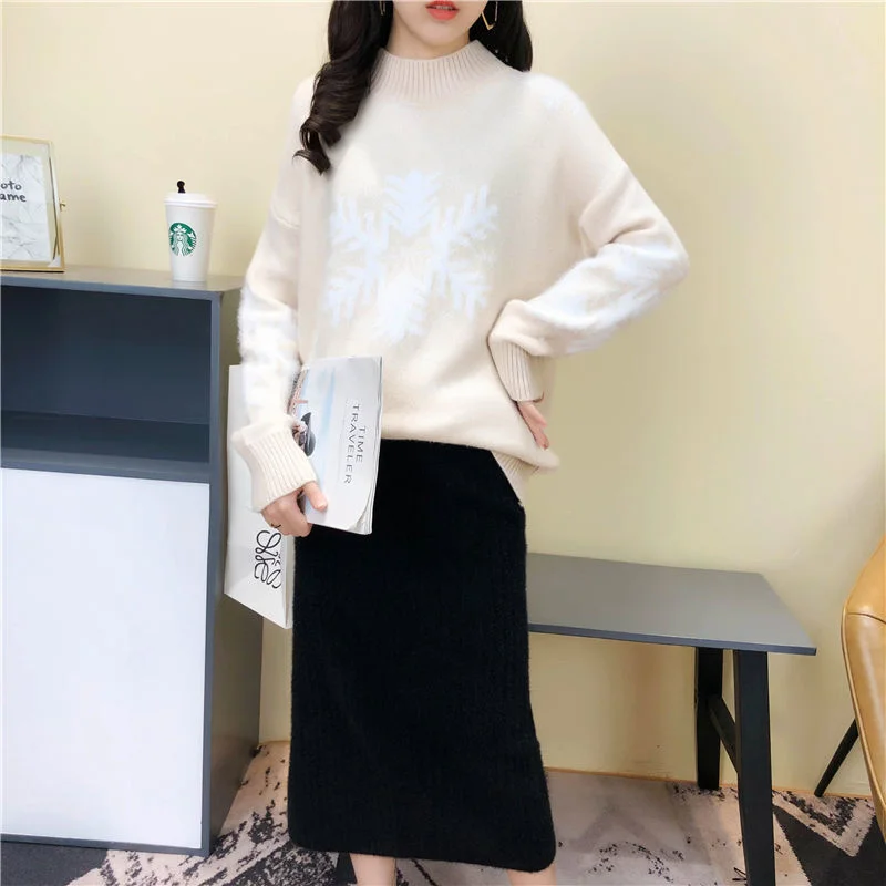 

2022 New Sweater And Skirt Fashion Female Sets Women's Half High Neck Loose Pullover + Elegant Beading Mid Knitted Skirts