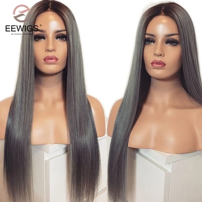 Ombre Dark Grey EEWIGS парик для косплея термостойкие волосы прямые синтетические парики на кружеве бесклеевой коричневый серый Омбре парики для черных женщин - Цвет: Ombre Dark Grey