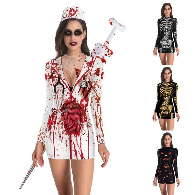 Women Halloween Role Play Dress Long Sleeve Crew Neck Charming Mini Nurse/Ghost Cosplay Costume for Masquerade Performance | Тематическая
