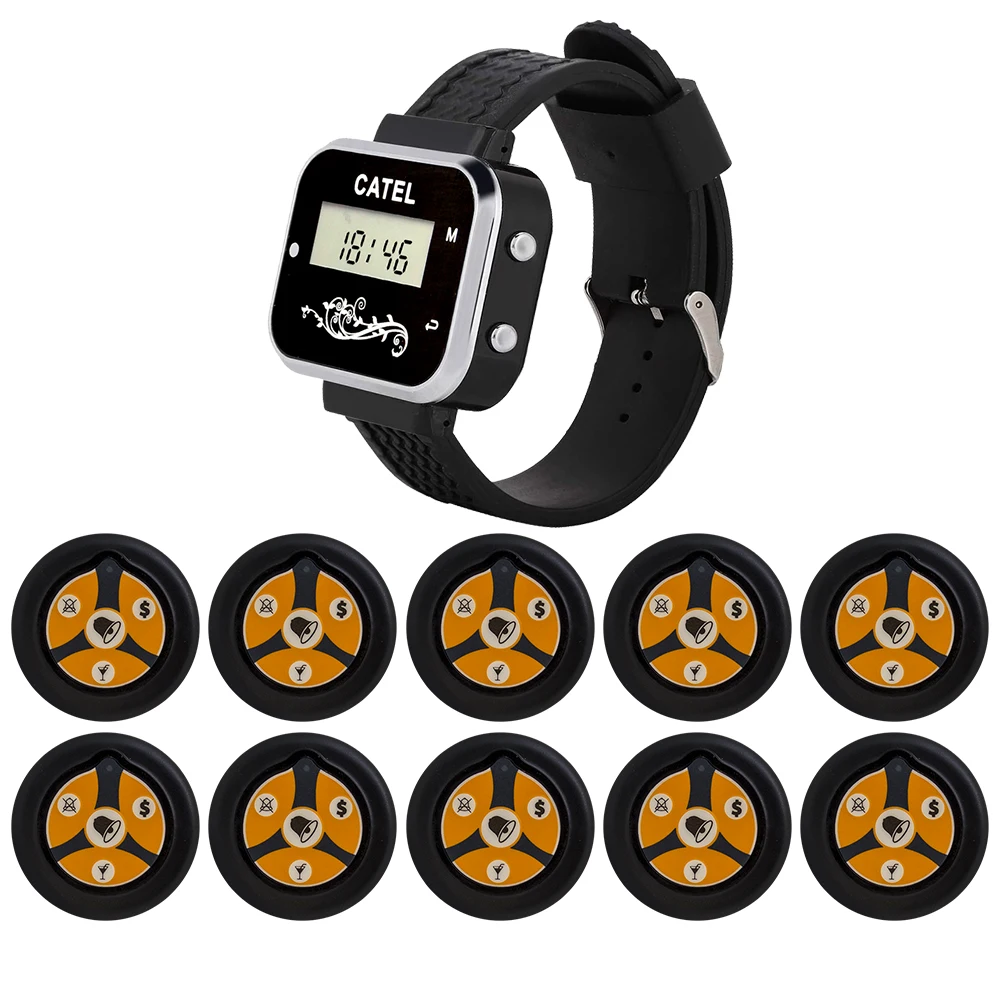 CATEL 10 Call Button Transmitter 1 Watch Receiver Wireless Pager 433.92mhz for Restaurant Cafe Office Calling System Buzzer