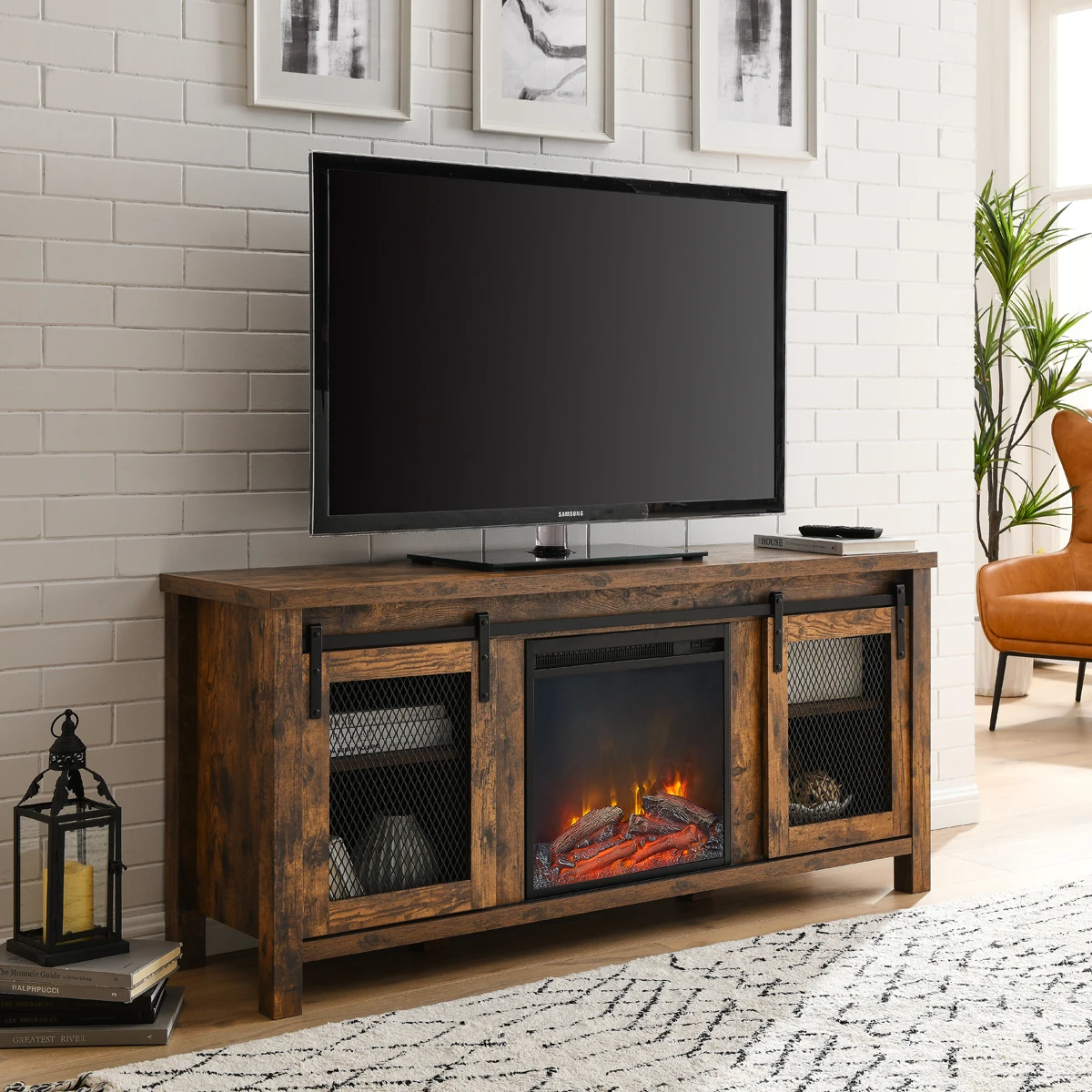

TV Stand for TVs up to 65" with Electric Fireplace Cabinet Door with Steel Net and Pulley 4 Storage Shelves Rustic Brown