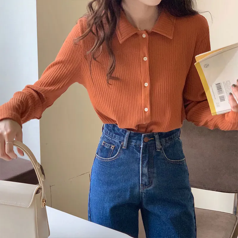 

5 цветов, осень 2021, корейский стиль, трикотажная облегающая футболка с длинным рукавом, кардиганы, женские топы, футболки, женская рубашка (...