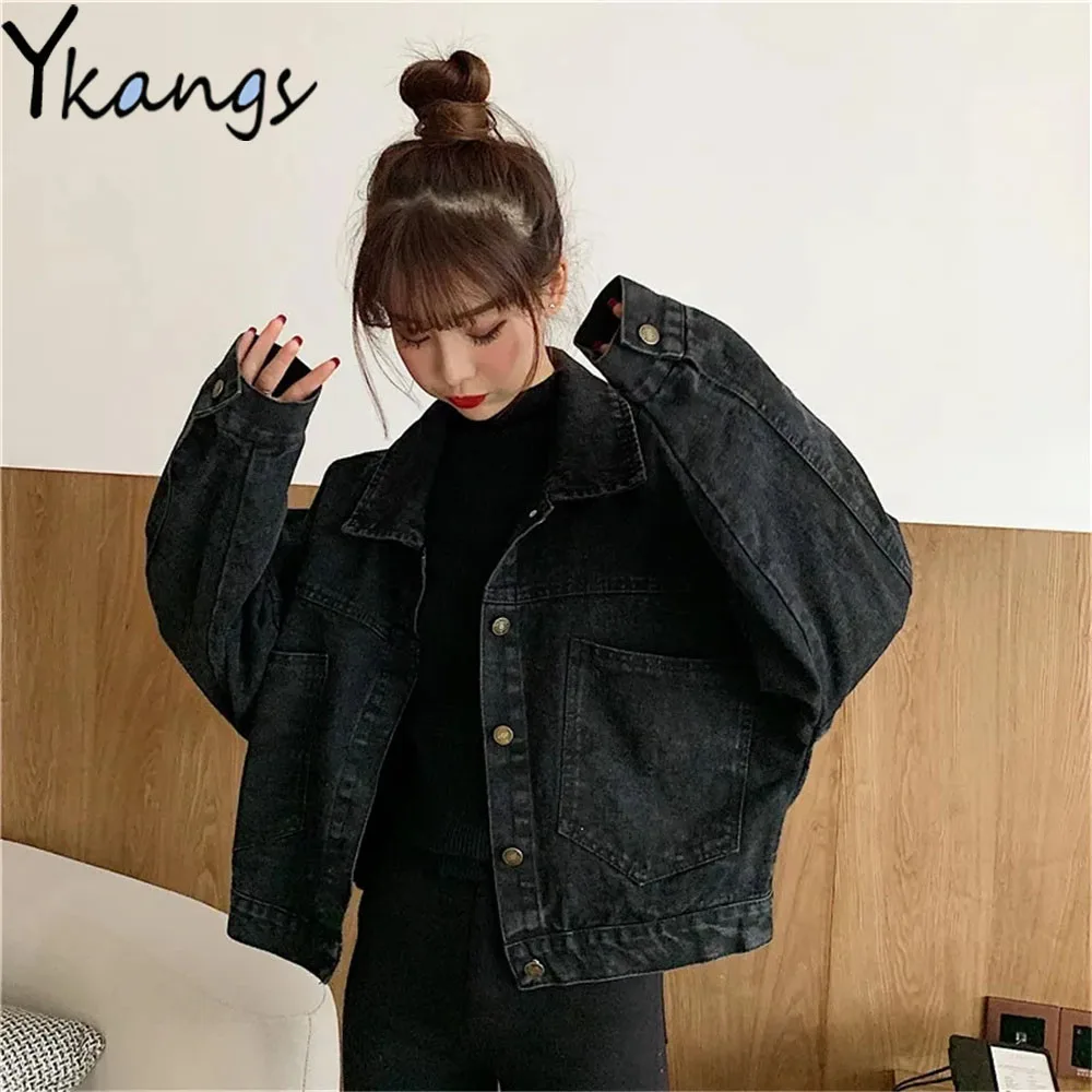 

Black Single Breasted Buttons Big Pockets Denim Coat Women Basic Jean Jackets Spring Autumn Harajuku Student Crop Tops Outwear