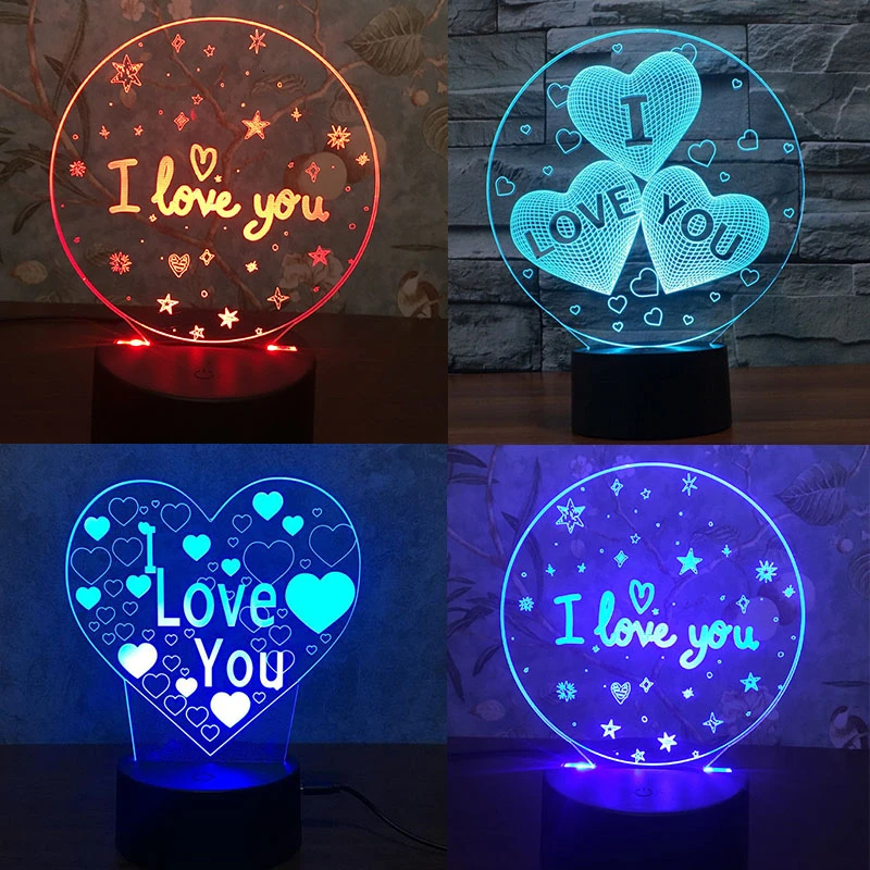 

Valentines day Girlfriend Gift I LOVE YOU Colorful 3D Hologram Love Heart Stars Lamp Night light USB Acrylic Lights Party Favor