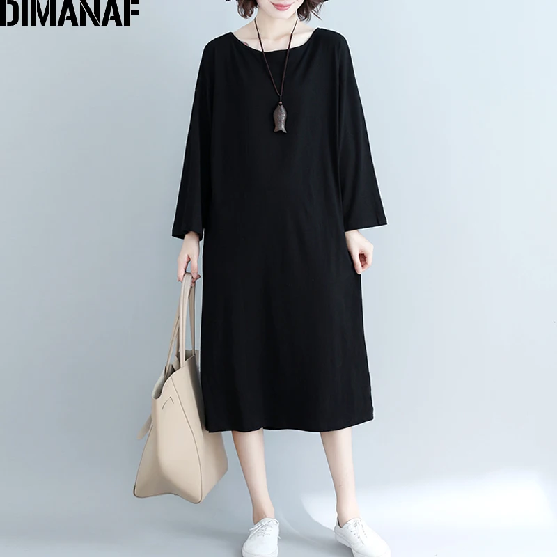 Женское платье с длинным рукавом DIMANAF повседневное свободное из хлопка базовая