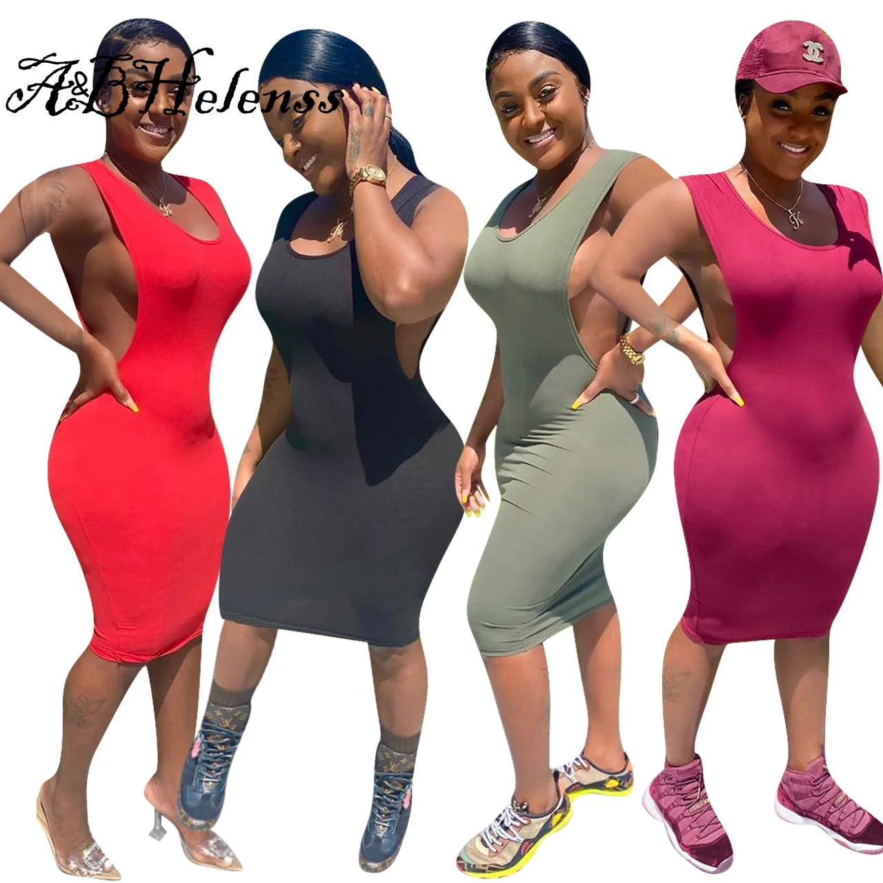 

Women Casual Home Midi Dress Solid Low Cut Vest Dress 2021 Summer Sexy Night Club Party Skinny Vestidos Bodycon Outfits