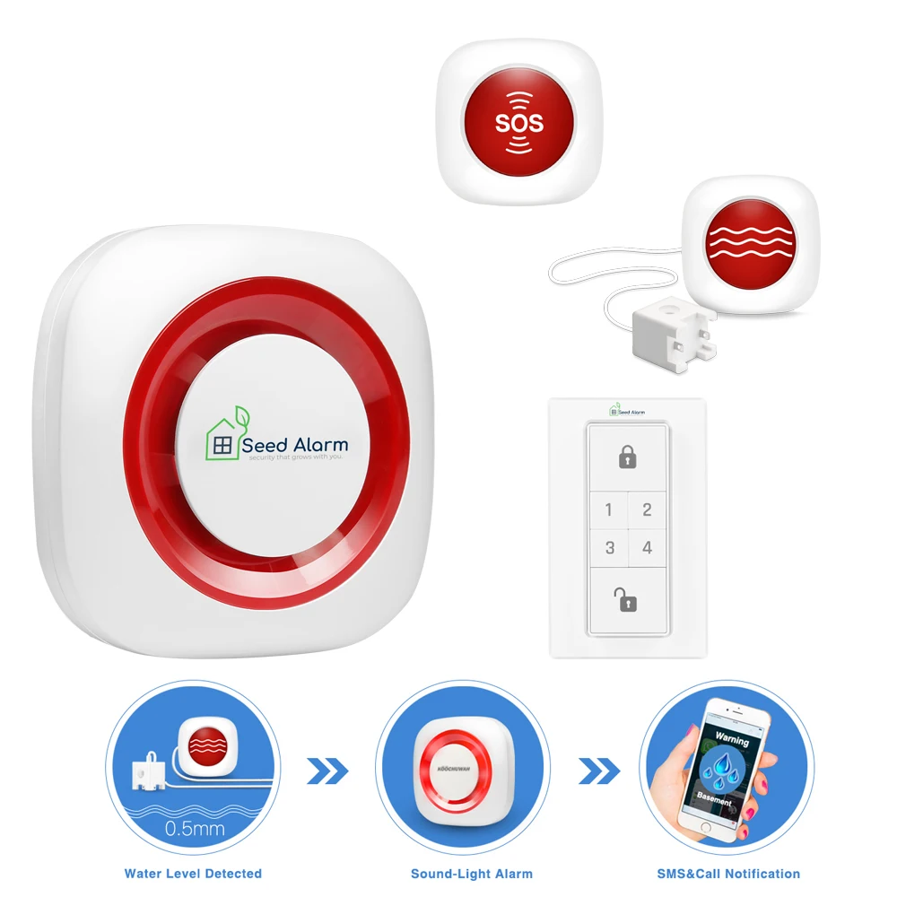 Seed Alarm Wireless SOS Panic Button & Home Water Leak Sensor GSM Alarm System Smart Home System
