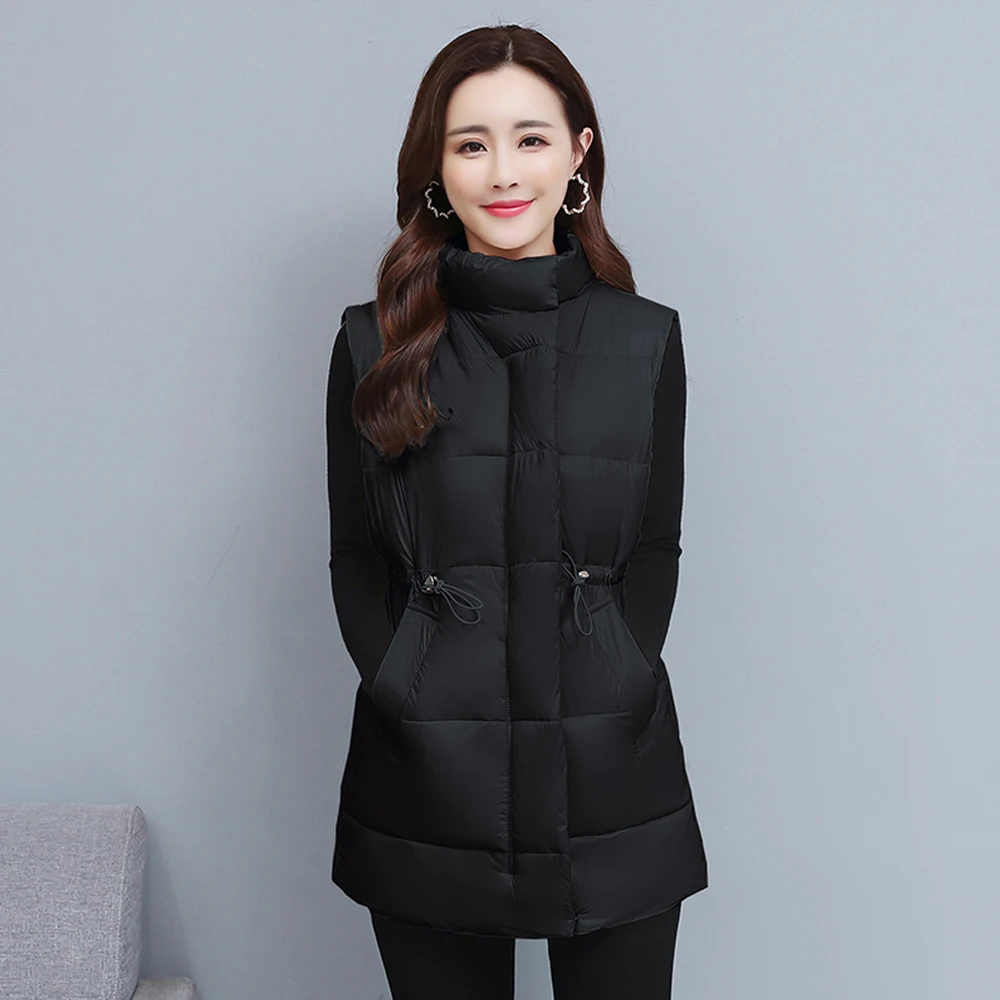 

Solid Autumn Winter Vest Women Stand-up Collar Mid-Length Sleeveless Jacket Light Warm Cotton Waistcoat Female Fashion Outwear