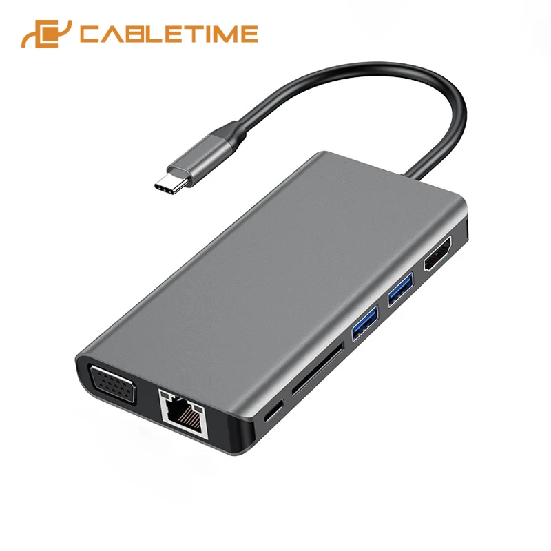 CABLETIME концентратор USB C к HDMI Ethernet LAN 1000 Мбит/с адаптер PD SD кардридер AUX 3 5 мм для ПК