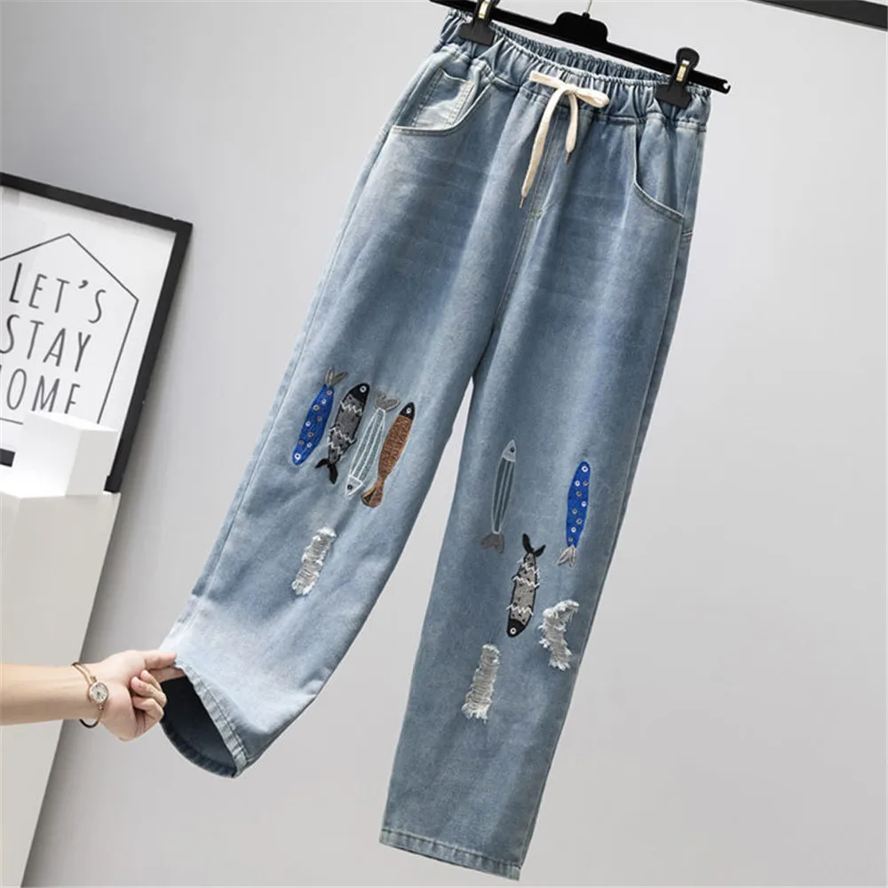 

Модные женские джинсовые брюки с вышивкой в виде рыбы в стиле High Street Harajuku, Модные осенние джинсы-бойфренды для женщин