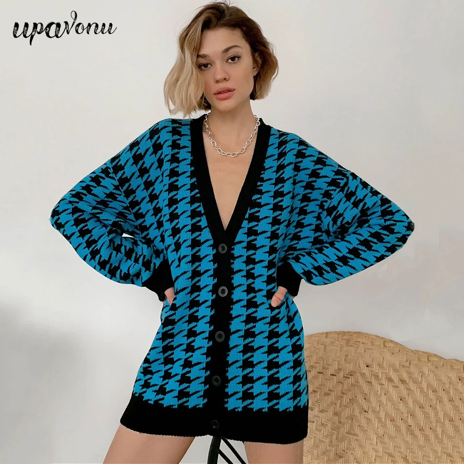 

Free Shipping V-neck Lantern Sleeve Cardigan Knit Women Single-breasted Oversized Sweater Fashion Houndstooth Cardigan Pullover