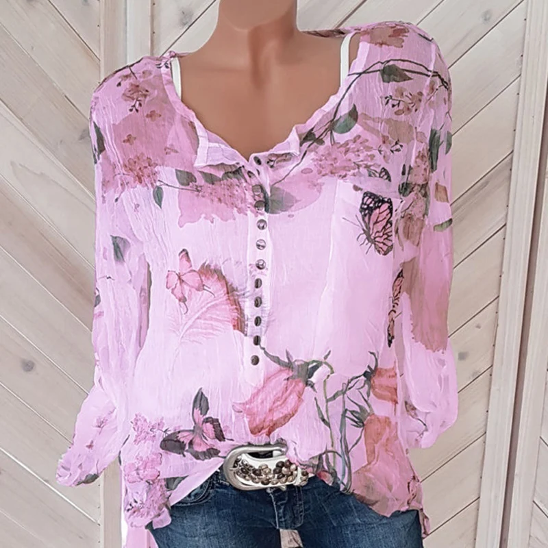 Шифоновая рубашка Повседневная блуза на пуговицах с длинным рукавом v-образным