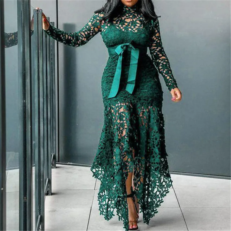 

Vinatge Hollow Out Dress Women 2019 Stitching Lace Irregual Hem Maxi Dress Robe Elegant Long Plus Size Asymmetrical Party Dinner