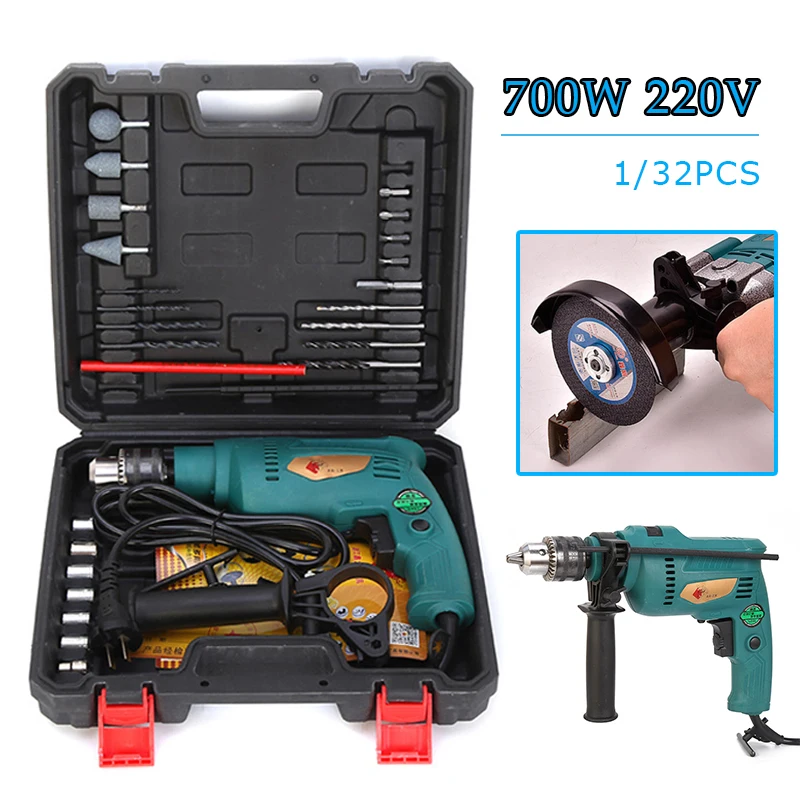 

700W 220V Electric Brushless Handheld Impact Flat Drill Guns Hand Drill Torque Driver Tool Set 32PCS