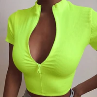 fashion sexy slim fit zipper t shirt for women deep v neck solid color bustier corset cropped tops summer clothes