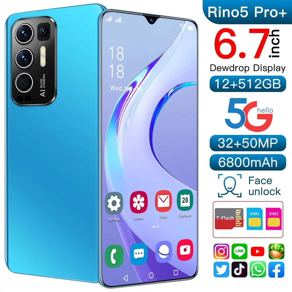 

Rino5 Pro Smartphones 6800mAh Newest 6.7Inch 16+512GB Face Fingerprint Unlock Mobile Phone MTK6889 50MP Andriod11.0 Cellphones