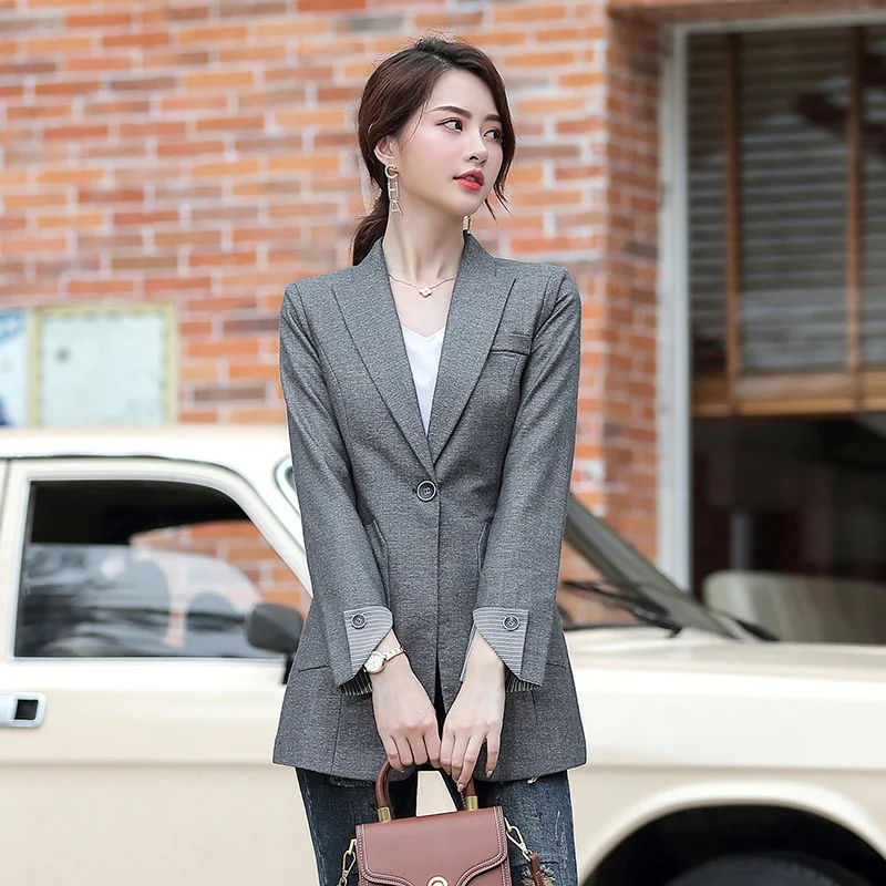 2020 Autumn Women's Long Blazers Solid Dark Light Grey Black Pockets Formal Suits Jackets Office Ladies Notched Outerwear Tops