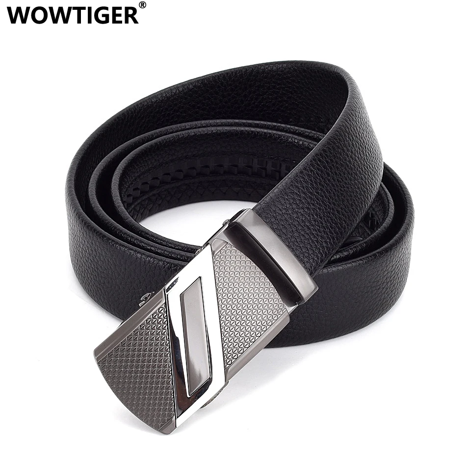 WOWTIGER Silver color metal Luxury Automatic Buckle men belt High Quality Black Wear-resistant Leather Belts for Men 3.5cm Width |