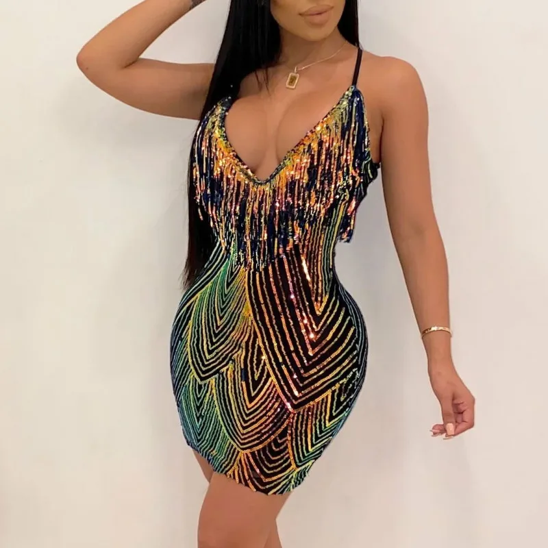 Сексуальные Клубные мини-платья на бретельках с v-образным вырезом яркие