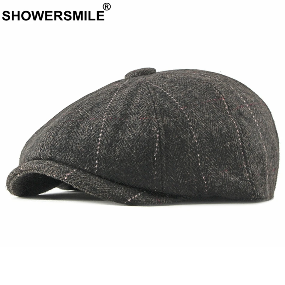 

SHOWERSMILE Tweed Newsboy Cap Men Wool Herringbone Flat Cap Winter Grey Striped Male British Style Gatsby Cap Hat Adjustable