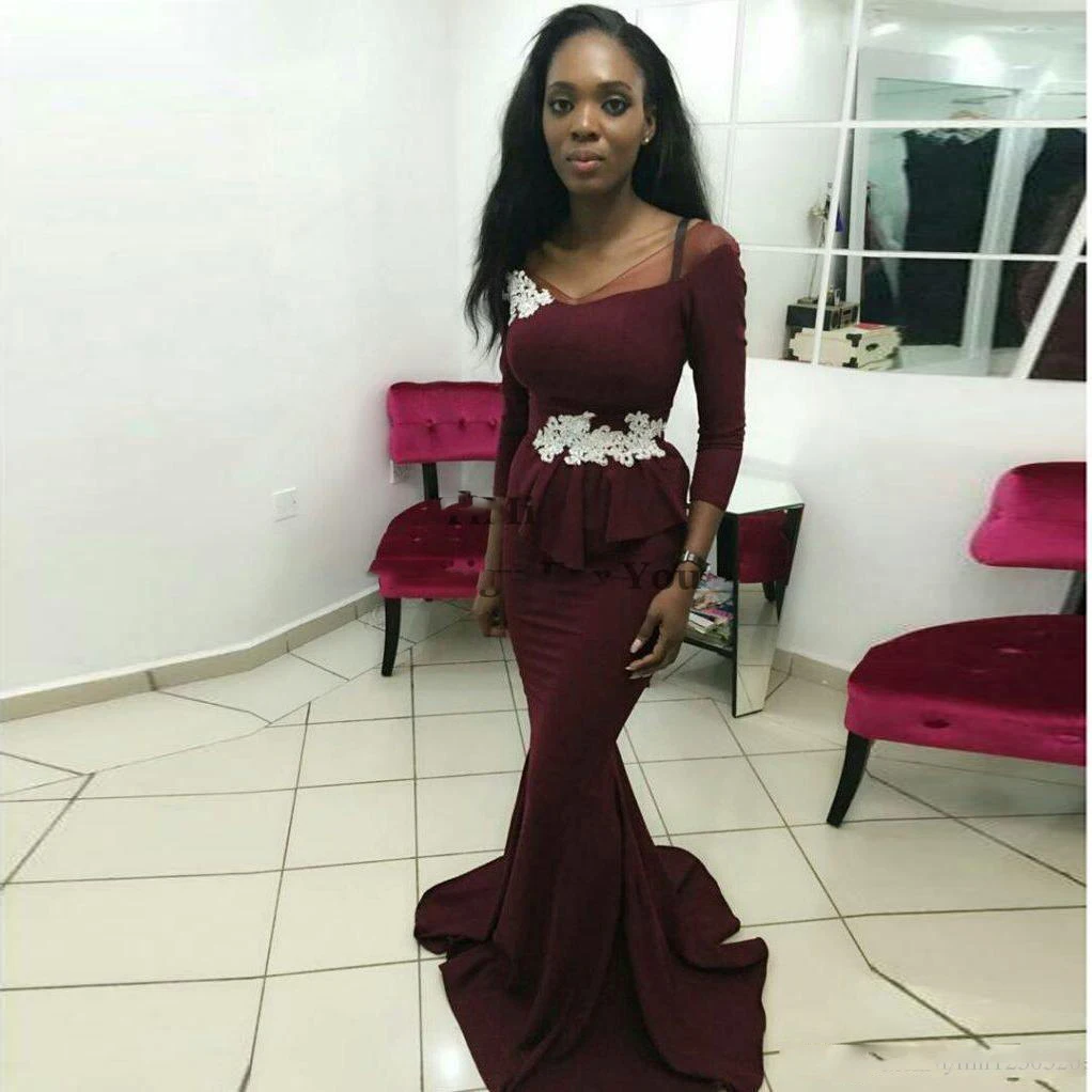 Бургундия Русалка Выпускные платья с длинным рукавом открытыми плечами