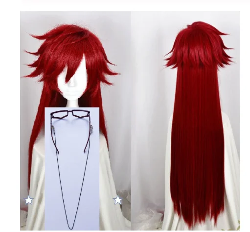 Kuroshitsuji Black Butler Grell Sutcliff Wig Red Long Straight Heat Resistant Hair Cosplay Wig + Wig Cap + Skull Chain Glasses