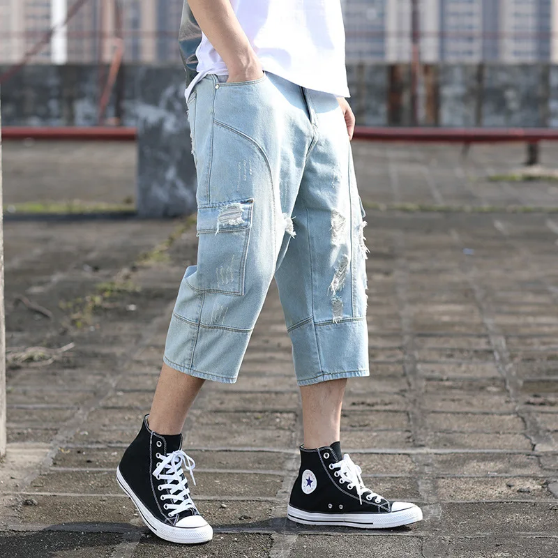 

Jeans Men Summer Plus Size Masculino Baggy Jeans Para Hombre Hole Cropped Trousers Korean Style Big Size Men Loose Harem Pants