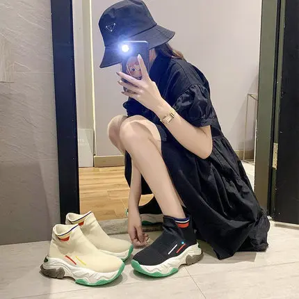 

Socks shoes 2021 spring, summer and autumn new thick-soled knitted breathable casual large size sports flat shoes