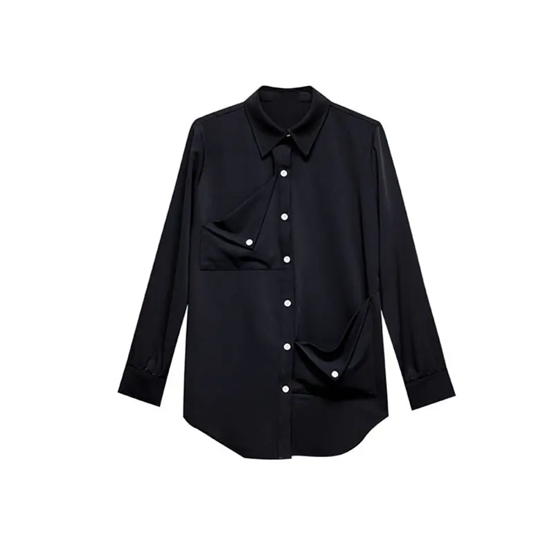 

XITAO Pocket Decoration Patchwork Shirt Early Autumn New Irregular Minority Long Sleeve Single-breasted Black Shirt WMD2047