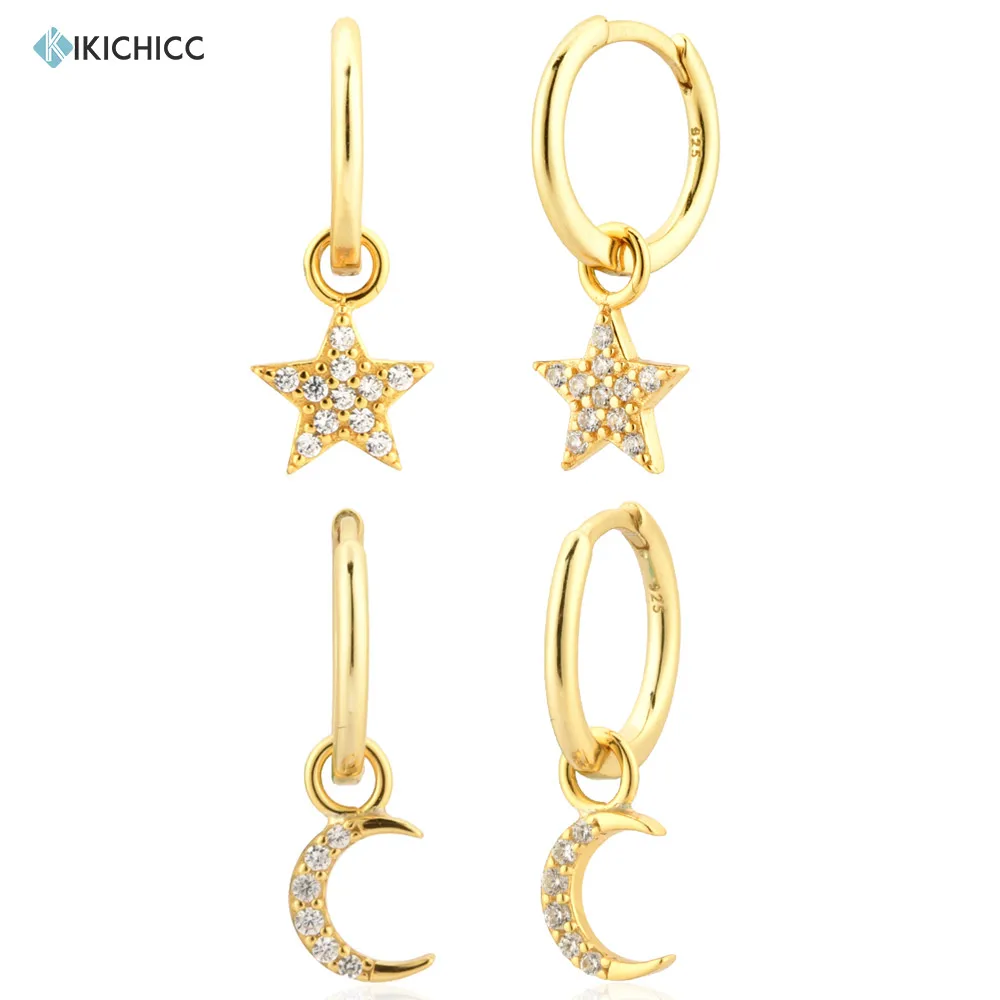 

Шарм KIKICHICC, из стерлингового серебра 925 пробы, с позолотой, звездой, луной, цирконием, серьги в форме капель, 2021, свадебные клипсы