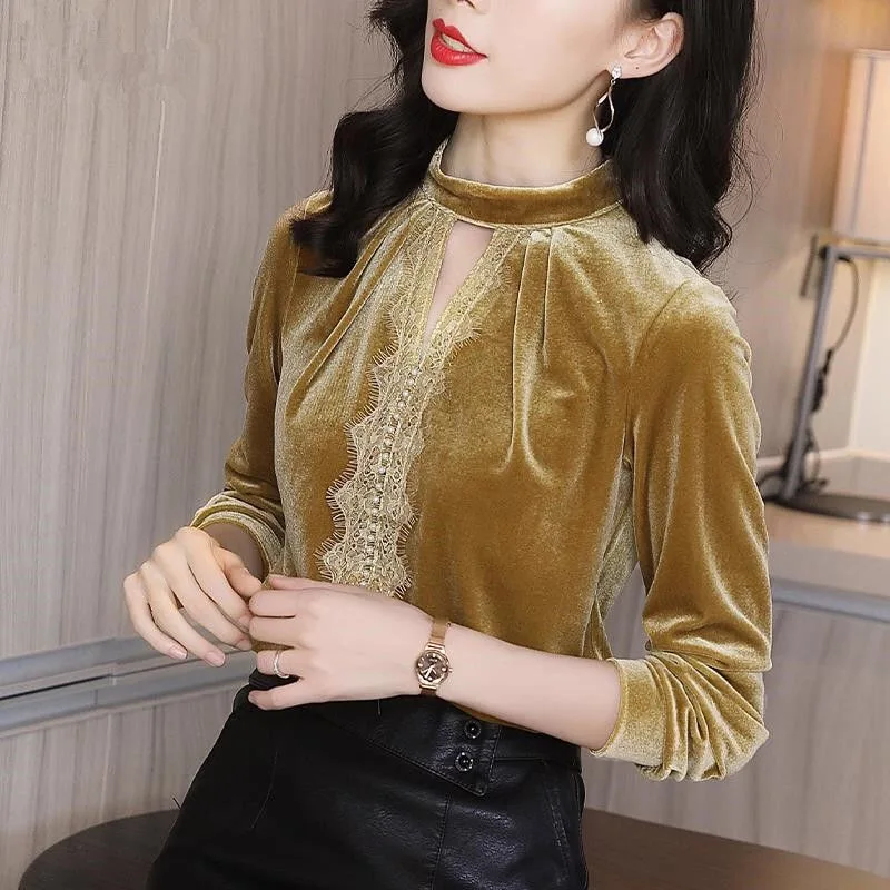 

New styleKorean Spring Fall Fashion Womens Lace Patchwork V Neck Shirt , Woman Beading Shirts Women Velvet Tops