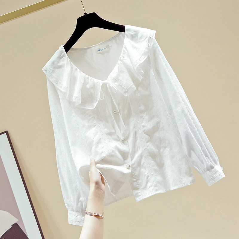 

Женская кружевная рубашка-Блуза Missfansiqi, белая рубашка-блуза с длинным рукавом и воротником «Питер Пэн» на весну и осень