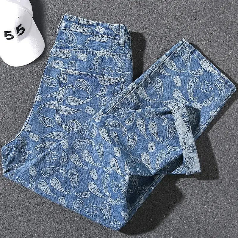 

Hip-hop jeans male 2021 spring new fashion brand loose wide-leg pants casual fried street cashew blue personality trousers