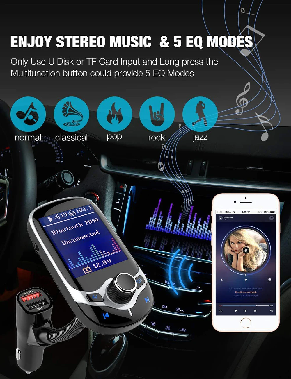 Автомобильный MP3 музыкальный плеер JINSERTA 2021 Bluetooth 5 0 приемник FM передатчик USB QC3.0