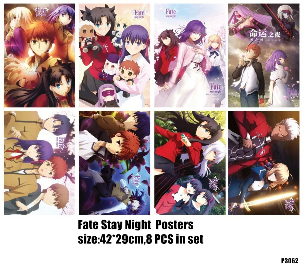 

8pcs/lot Fate/stay Night Posters Anime Fate Paintings Wall Pictures 42x29CM 8 Different Designs Embossed