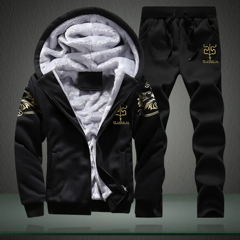 

Winter Inner Fleece Hoodies Men 2021 Casual Hooded Warm Sweatshirts Male Thicken Tracksuit 2PC Jacket+Pant Men Moleton Masculino