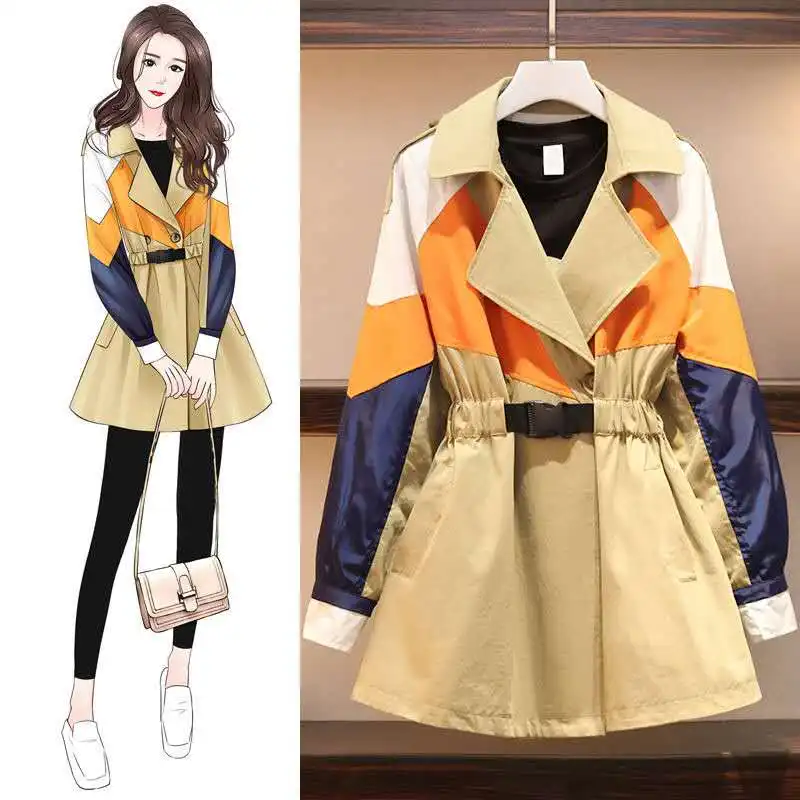 

Женский Тренч с пряжкой на одной пуговице с цветными блокировками размера плюс, длинное пальто с зубцами, осень 2020, Новая ветровка, бесплатн...