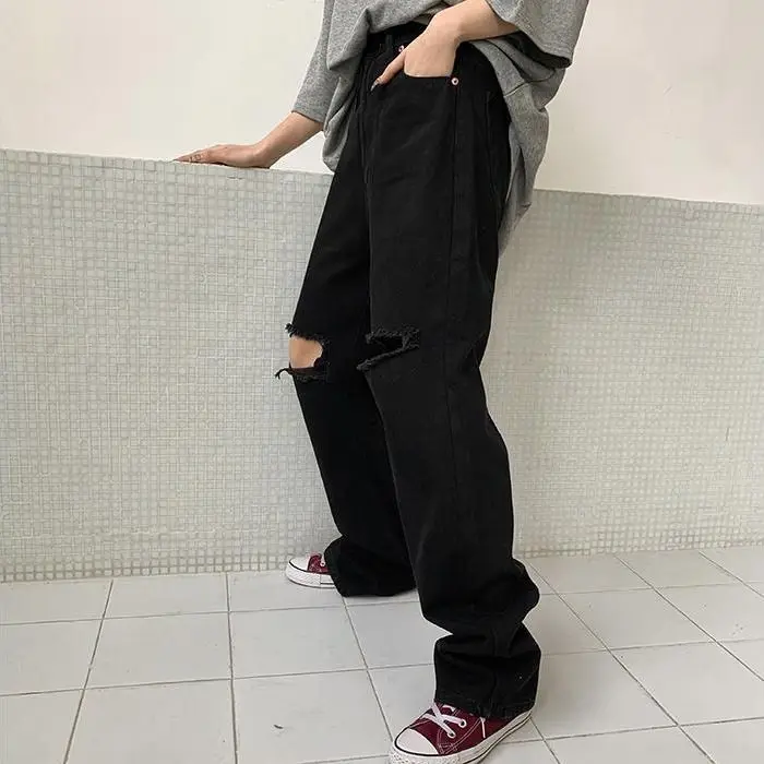 

Spring 2021 new Harajuku style high waist pierced jeans women's straight tube loose wide leg pants