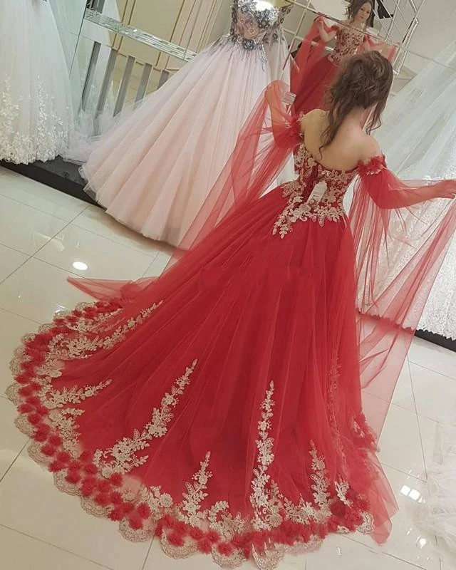 Красное Бальное Платье YiMinpwp платья для Quinceanera с открытыми плечами со шлейфом