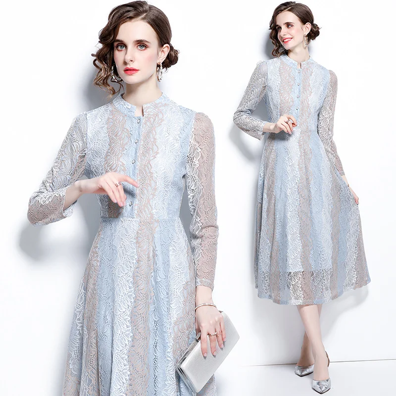 

Simgent Lace Dress Long Sleeve Women Autumn Stand Collar Midi Long Elegant Color Block Dresses Robe Dentelle Vestidos SG1911