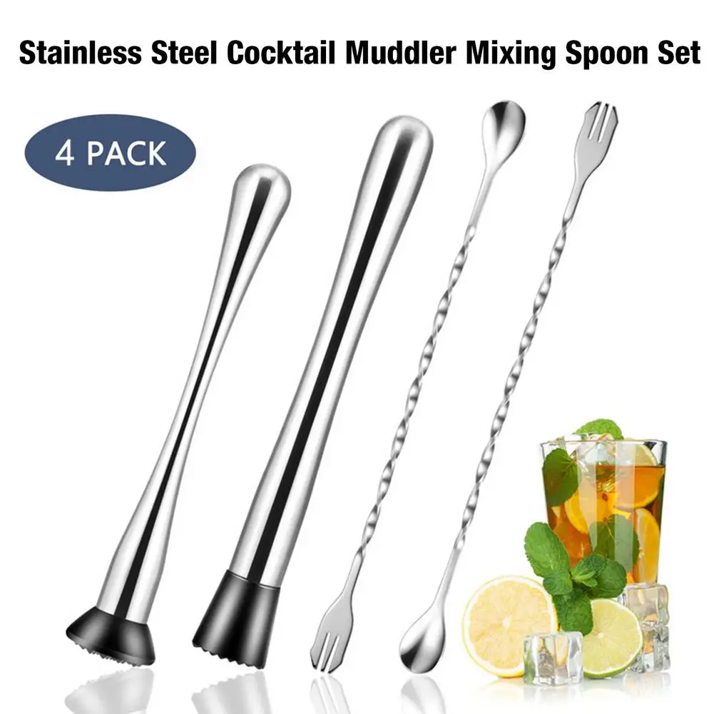 

4PC Cocktail Shaker Stainless Steel 2PC Crushed Popsicle/Mixing Spoon Suit Home Bar Restaurant Milk Tea Tools Wine Shaker Set