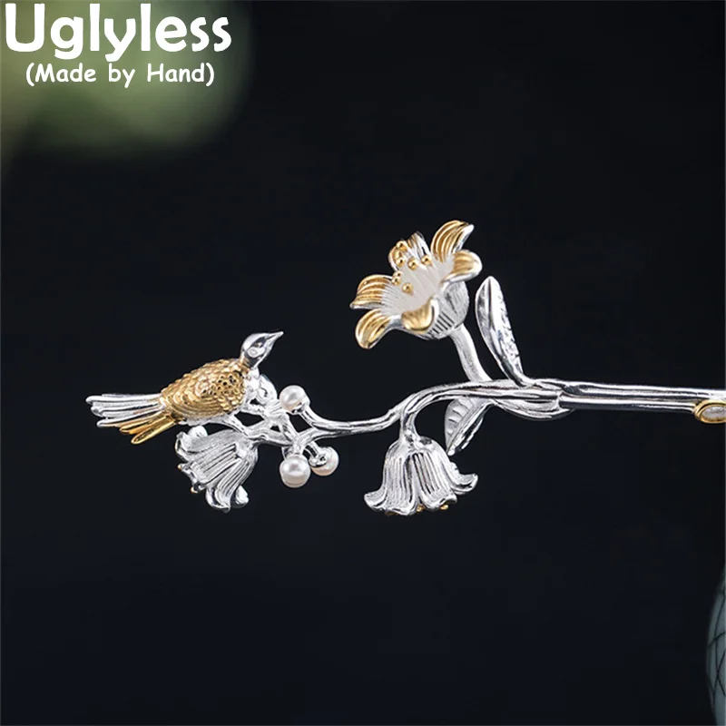 

Uglyless Bird Drinking Flower Honey Lovely Poetry Hair Sticks for Women Elegant Eastern Charming Hair Jewelry 925 Silver Bijoux