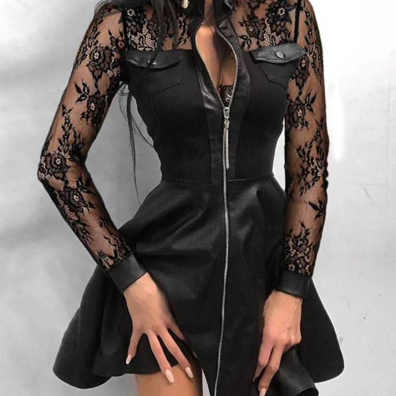 

Autumn Zipper Pockets PU Leather Dress Women Sexy Lace Mesh Sleeve Patchwork Party Dress Elegant Stand Neck Button Mini Dresses