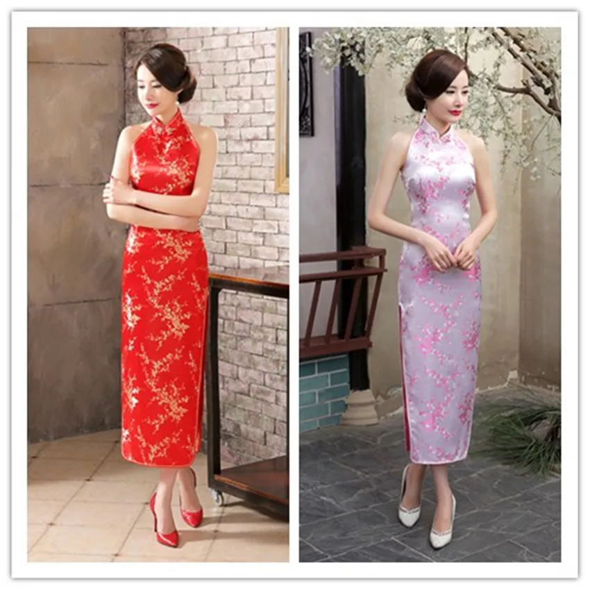 Женское сексуальное китайское традиционное Cheongsam Дракон и Феникс цветочное Qipao атласное платье на бретелях женское свадебное элегантное платье Ципао с разрезом